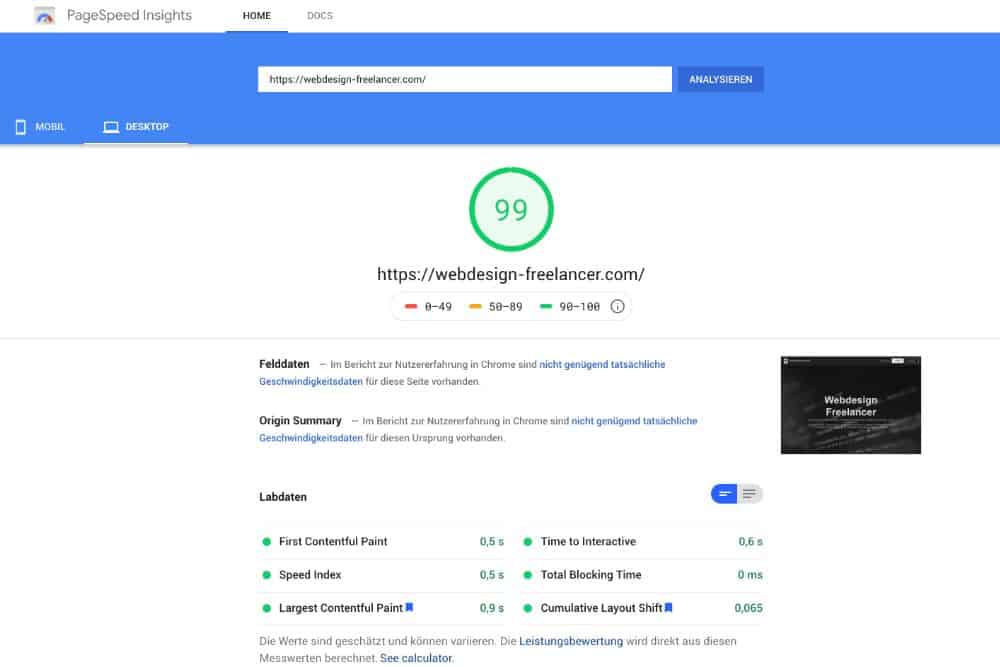 Google Page Speed Test on Desktop